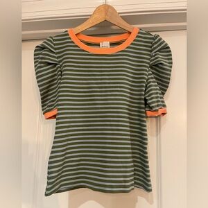 Maeve Olive and Blue Striped Blouse with Orange Accents